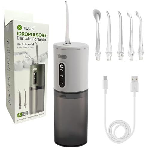 Irrigatore Orale Professionale Senza Fili per Casa e Viaggio – Idropulsore Dentale Portatile ad Acqua Ricaricabile Impermeabile IPX7 con 5 Ugelli Intercambiabili - Grigio