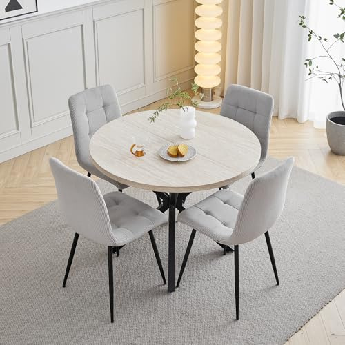 HJhomeheart Esstisch- und Stuhlset, 4 Cord mit Hoher Rückenlehne und EIN 100 cm Langer Moderner Runder Esstisch, Geeignet für Küchen, Esszimmer und Wohnzimmer (Gelbe Höhlensteinfarbe + Hellgrau)
