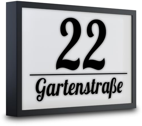 PRINTIMA LED Hausnummer Schild – 230V Anschluss – Anthrazit 33x22 cm – Aluminium + Plexiglas – Wetterfest, personalisierbar, modernes Design für Außenbereich, klare Sichtbarkeit bei Nacht