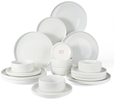 Jiwoo Geschirr Set & Tafelservice 18 TLG für 6 Personen, Modern Bone China | Mit Speise-, Desserttellern & Müslischalen – platzsparend stapelbar, mikrowellen- & spülmaschinengeeignet