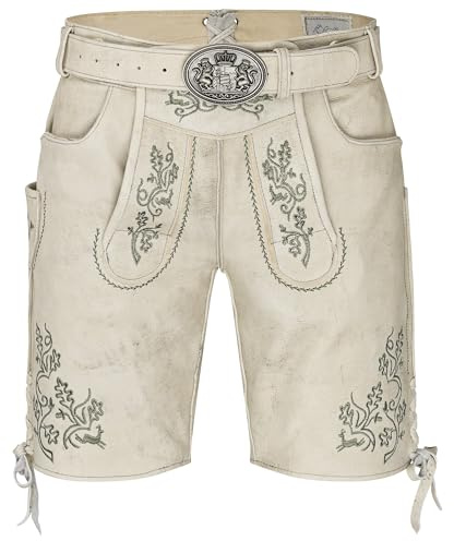 Schöneberger Trachten Couture Herren Lederhose kurz mit Trachtengürtel, Trachtenlederhose für Oktoberfest, Nubuk-Leder Beige-Grau Alpenschnee