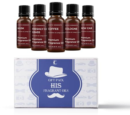 Mystic Moments | HIS Duftöle Geschenk-Starterset | 5 x 10ml | Kaffee, Cologne, Frischly Cut Grass, Moschus, New Car | Intensive, langanhaltende Düfte