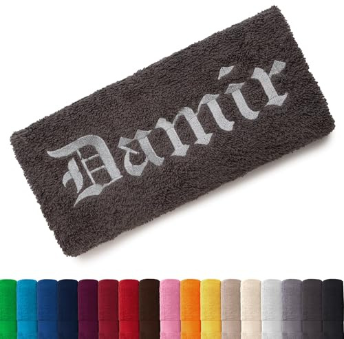 EllaTex Besticken Sie Handtuch mit Namen oder mit Wunschtext Bestickt, Farbe:Anthrazit-Grau; Größe:Saunatuch XXL 100x200 cm
