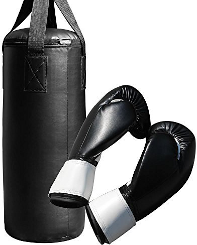 Melko Boxsack 9 Kg Sandsack inkl. Boxhandschuhe + Aufhängung, schwarz, ca. 60 x 25 cm (L x Ø)