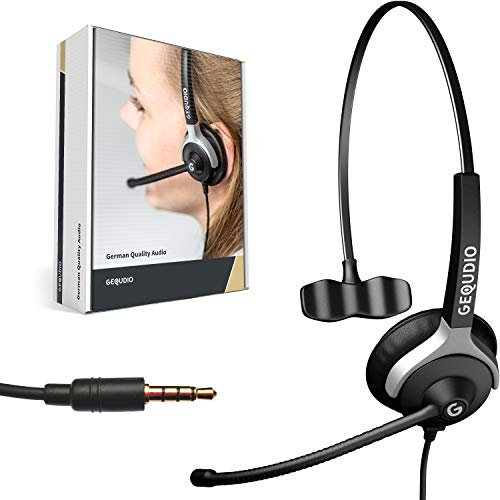 GEQUDIO Headset mit 3,5mm Klinke kompatibel mit FritzFon C6, X6, MacBook, Smartphone, Speedphone, Notebook, PC, Laptop - Kopfhörer & Mikrofon mit Ersatz Polster - leicht 60g (1-Ohr)