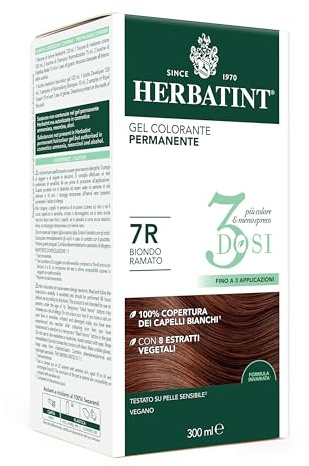 Herbatint Permanentes Farbgel 3 Dosen, 300 ml – 7R Kupferblond, ohne Ammoniak, für empfindliche Haut, 100% Abdeckung für weißes Haar, mit 8 natürlichen Bio-Extrakten