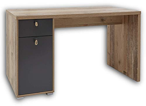 Stella Trading Merlin Jugendzimmer Schreibtisch mit Stauraum - praktischer Computertisch in Old Style hell Optik/abs. Anthrazit - 130 x 76 x 70 cm (B/H/T)