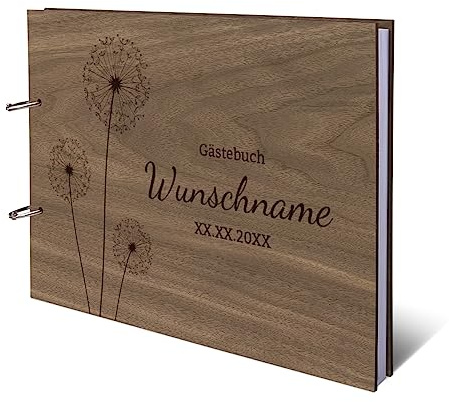 Taufe Konfirmation Kommunion Gästebuch Okoume Holzcover mit individueller Gravur inkl. 72 Naturpapier Blätter DIN A4 quer 302 x 215 mm - Pusteblume