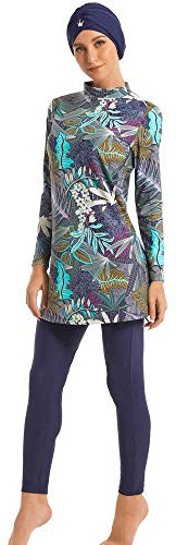Ababalaya Fully Covered Swimsuits 3 Pieces Full Covered Burkini Swimwear with Swimming Cap (US, Alpha, Medium, Regular, Regular, 105Navy Blue)