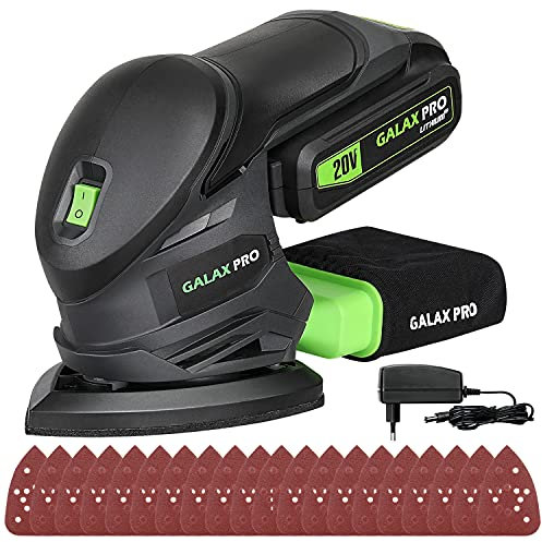 GALAX PRO Levigatrice Mouse 20V, Levigatrice a batteria 1,3Ah di Ricaricabile, Velocità 12000 OPM con 20 Carte Vetrata(5x 60/80/100/120grit)-Batteria e Caricabatterie Inclusi