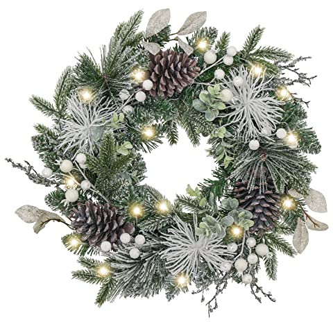 Valery Madelyn 46 CM/18 Zoll Weihnachtskranz Groß für Haustür Türkranz mit Tannenzapfen Beeren, Adventskranz 20 mit LED Timer für Weihnachtsdeko Tisch, Silber Weiß