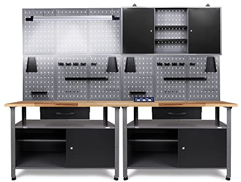 Ondis24 Werkstatt Werkstatteinrichtung 240cm Komplettset mit LED und Bluetooth Lautsprechern, inkl. versenkbare Steckdosenleiste grau Werkbank Werkzeugschrank Lochwand Buchenholzarbeitsplatte