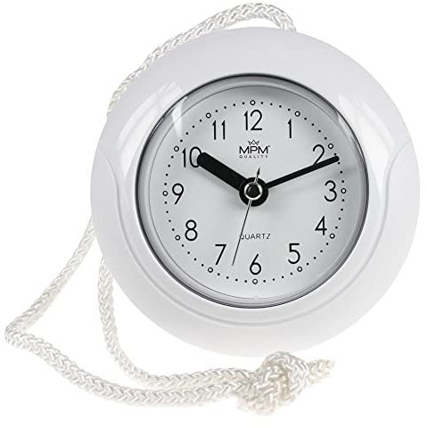 MPM Quality Design Badezimmer-Uhr aus Kunstoff, Quarz-Uhrwerk Sweep, 3-5 ATM Wasserdicht, Weiß, Ø 135 mm, geeignet auch für Außenbereich und als Badezimmeruhr, Pooluhr, Küchenuhr