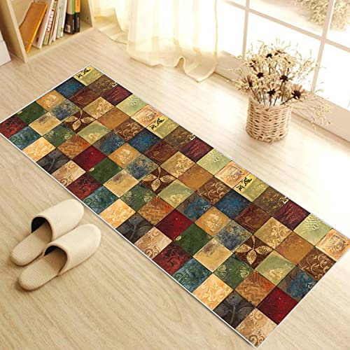 WTHYGB Teppich Läufer Flur Küche 70x150 cm, Vintage rutschfest Waschbar Küchenläufer Flurläufer, Lang Polyester Plaid Muster Gelb Teppichläufer für Korridor, Schlafzimmer, Innen Wohnzimmer