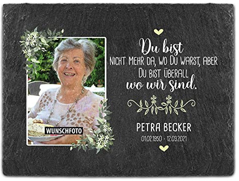PR Print Royal Schieferplatte selbst gestalten - Gedenktafel mit Foto, Name & Datum bedrucken - Du bist nicht mehr da - Grabtafel, Grabschmuck - Schiefertafel 15x20 cm I Personalisierte Erinnerung