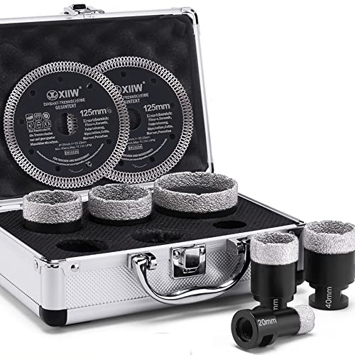 8tlg Diamant Fliesenbohrer Set M14 Diamantbohrer (Keramik Marmor Mauerwerk) | 20/35/38/40/50/68mm+2x 125mm Trennscheibe, Lochsägen Bohrkrone Fliesenbohrkronen zum Bohren von harten Materialien
