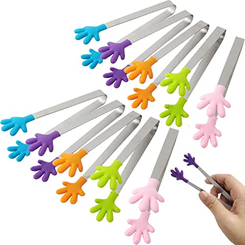 GXXMEI 10 Stück Mini-Zange, handförmige Silikon-Lebensmittelzange, 12,7 cm Kinderzange für Zuckerwürfel, Servieren von Speisen, bunte Küchenzange, perfekt für Kinder