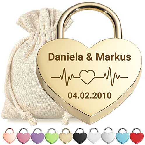 Herz Liebes-Schloss Bügelschloss Vorhängeschloss Graviert Gold - Motiv Herzfrequenz - personalisiert - weißer Stoffbeutel - Geschenkidee Valentinstag - Paar-Geschenk present - jetzt gestalten