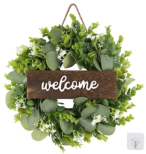 Welcome Sign Wreath, 12-Inch Artificial Eucalyptus Wreath with Wooden Sign for Front Door Wall Window Estival Ornaments Home Garden Decoration (wellcome-2)
