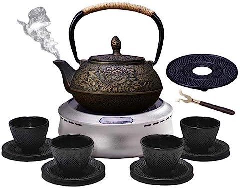 Hem gjutjärn tekanna set (0,9 L japansk tekanna ) emaljbelagd gjutjärn tekanna med tekoppar, tefat, infusion och värmare