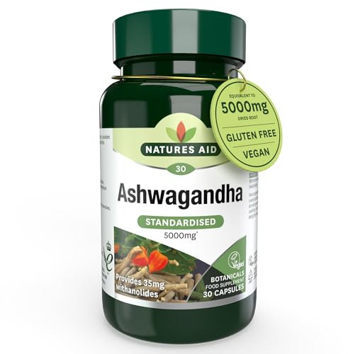 Natures Aid Ashwagandha 5000mg - 30 Tablet Capsules - Natural Pure High Strength Ashwagandha Root Extract Supplement - Vegan Gluten Lactose Free - Not Ashwagandha Gummies or Powder - 1 Months Supply