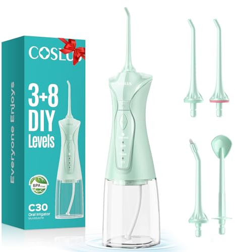 COSLUS Water Dental Flosser Pick for Teeth C30(FC5360): 4 Modes Cordless Portable 300ML Larger Tank Water Teeth Cleaner IPX7 Waterproof Flossing Cleaning Picks for Home Travel Green