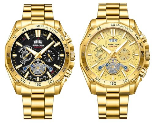 JewelryWe Uhren Herren Edelstahl Tourbillon: 2pcs Luxus Datum Kalender 30m wasserdichte Analog Quarz Armbanduhr Männer Gold Edelstahl Armband Uhr mit Rundem Tourbillon Zifferblatt und Leuchtzeiger