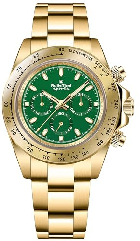 RollsTimi Orologio Automatico da Uomo, Cronografo Casual, Cinturino in Acciaio Inossidabile, 39MM Specchio Zaffiro, Impermeabile 30M Uomo Moda Sport Business Orologio. (Oro)