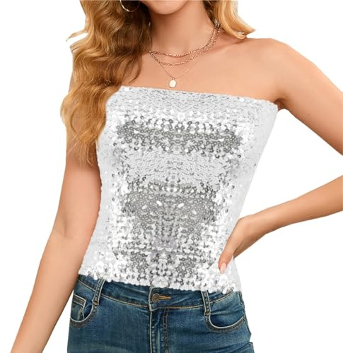 Segreto Damen Glitzer Pailletten Tube Top Sexy Ärmellos Vintage Bandeau Top Meerjungfrauen Trägerlos Crop Top Party Trägertop