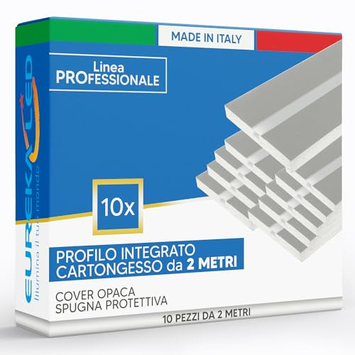 Profilo in alluminio per strip led - Integrato in lastra di cartongesso di spessore 12,5mm - Struttura pronta da incasso e montaggio - Taglio di luce con copertura opaca (10 profili da 2 metri)