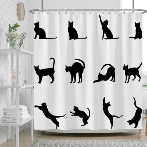 Ttincceer Schwarze Katze Duschvorhang 180x180cm Lustige Haustier Kätzchen Action Badezimmer Vorhang Polyester Abstrakte Cartoon Tier Katze Duschvorhänge für Badezimmer mit Haken