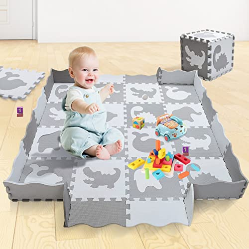 Wolken-Puzzle-Teppich, 16 Teile, zusammensteckbar, Spielplatz, EVA-Schaumstoff, 16 Teile, weiß + dunkelgrau