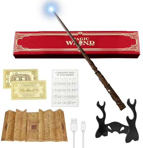CJBIN Zauberstab Hermine Granger, Hermine Zauberstab mit Licht, USB Aufladung Granger Zauberstabs, Zauberstabs Stab in Geschenkbox mit Karte, Stationsticket, Landkarte, und Halter
