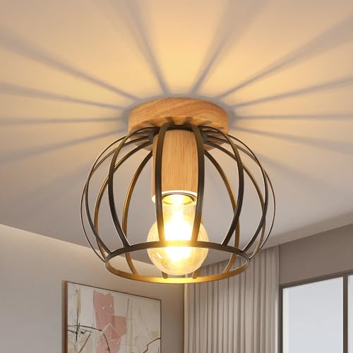 Comely Plafoniera Soffitto Vintage E27, Lampada da Soffitto Industriale in Metallo e Legno, Lampadario da Soffitto per Camera da letto, Cucina, Corridoio, Sala da Pranzo, Nero