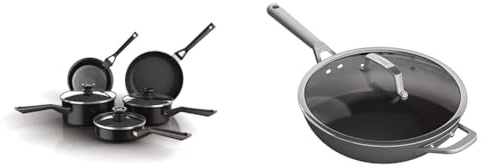Ninja ZEROSTICK Classic 5-Piece Pan Set [CW55000UK] Aluminium Cookware & Ninja ZEROSTICK Premium Cookware 28cm Wok with Glass Lid, Long Lasting, Non-Stick, Hard Anodised