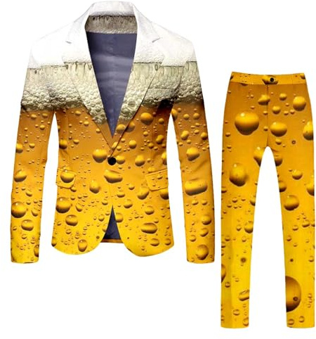 Rrongwn Trachtenset Herren Oktoberfest Herren Outfit Herrenanzug Zweiteiler 3D Drucken Bier Blazer Und Hose Faschingsferien Set Karneval Cosplay Party Kostüm Lustiger Bier Anzug
