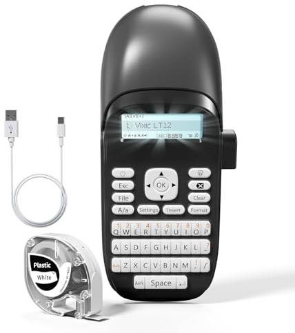 Vixic Dispositivo de etiquetado manual, impresora de etiquetas con batería recargable, etiquetadora portátil con teclado QWERTZ, dispositivo de etiquetado Bluetooth, ideal para oficina o hogar, color