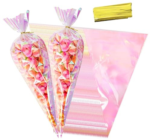 Ryaupy 50 Pezzi Sacchetti Trasparenti per Caramelle, Sacchetti Cellophane Borsa A Cono Trasparente, Sacchetto per Biscotti, Caramelle, Cioccolati, Prodotti da Forno, Gioielli (15,5 X 25,5 cm)