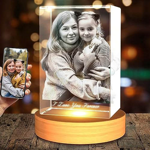 Emoragifou Personalisierte 3D Foto Glas, 3D Glasfoto mit Leuchtsockel, 3D Kristall Foto Glasbilder Fotogeschenke mit Lasergravur, Personalisierte Geschenke für Frauen, Freundin, MäNner, Mama, Papa