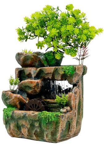 Kanbihao Fuente de habitación pequeña, Cascada con Bomba de Agua, Fuente de Agua Decorativa, Flujo de Agua Ajustable, Fuente de habitación con iluminación LED, Ornamento para Sala de Estar, Oficina