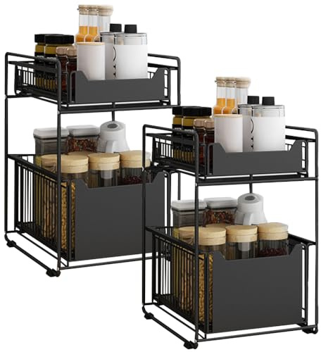 HUOLE Rangements sous Evier 2 Niveaux Organisateur Coulissant avec 2 Tiroirs, Panier Coulissan pour Cuisine, Garde-Manger, Chambre, Porte-épices-37,4 * 26,5 * 44 cm-Noir (2 pièce)