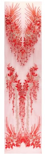 MAYJOYDIY Rote Perlen Pailletten Blumen Spitzen Applikation 3D Blumenstickerei Zum Aufnähen Blumen Perlen Spitzenbesatz Goldenes Pailletten Spitzenband Für Kopfbedeckung Kleidung Zubehör Basteln DIY
