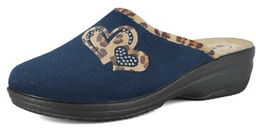 Klassische Damen-Hausschuhe mit Leoparden-Herzen, Fußbett aus echtem Leder, blau, 40 EU