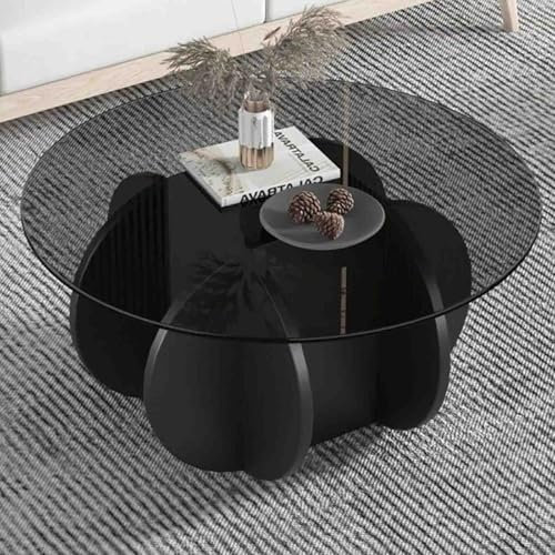 WLHOZ Couchtisch Rund,Runder Couchtisch Glas Coffee Top, Massivholz Basis und klar gehärtetem Glas Top Kaffee Seite Tee Tisch, einfache & Moderne Mitte Tisch für Wohnzimmer, Terrasse(Black,70X40cm)