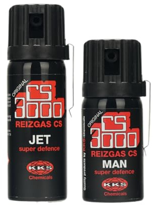 2 Stück CS 3000 Tränengasspray Man 40 ml + Jet 50 ml CS KO Spray mit Metallclip zur Abwehr gegen Personen Verteidigungsspray mit BKA Zulassung