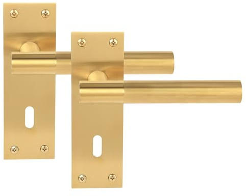 HANDLEZONE® 1 Pair of Levada Grip Satin Brass Designer Lever Lock Door Handle Set on Long Flat Backplate, for Internal Doors