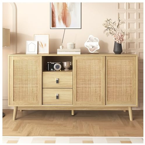 Seyakany Buffet avec 3 Portes coulissantes en rotin véritable et 2 tiroirs, 155x38x80 cm, Armoire de Rangement, Buffet Cuisine, Respirant, Stable et Polyvalent