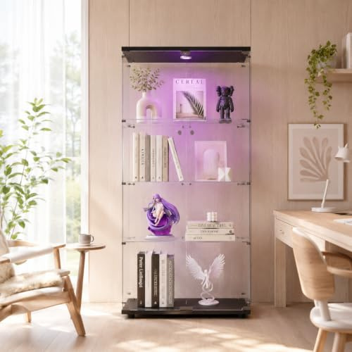 KeepGoon - Armario moderno de cristal de cuatro capas, vitrina de cristal con 4 estantes y 2 puertas, con iluminación LED, apto para sala de estar, dormitorio, oficina, color negro
