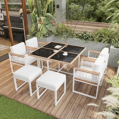 Merax 7-teiliges Garten-Essgruppe, Esstisch-Set für 6 Personen, Tisch mit gehärtetem Glas & PE-Rattan-Umwicklung, Stühle mit Akazienholz-Armlehnen, Für Garten & Terrasse,Weiß, Schwarz, Holz