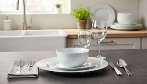 Waterside 18pc White Rim Porcelain Dinner Set | 6 Dinner Plates, 6 Side Plates, 6 Deep Bowls, Dishwasher & Microwave Safe